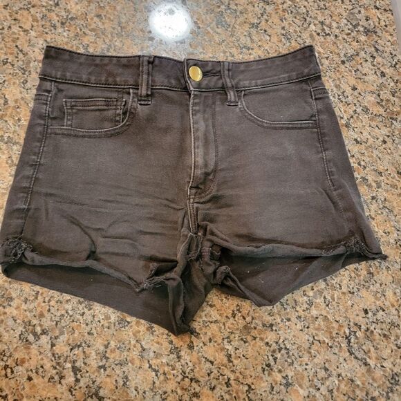 AEO Sateen Hi-Rise Shortie Shorts Super Stretch In Black Size 6 - Picture 1 of 5